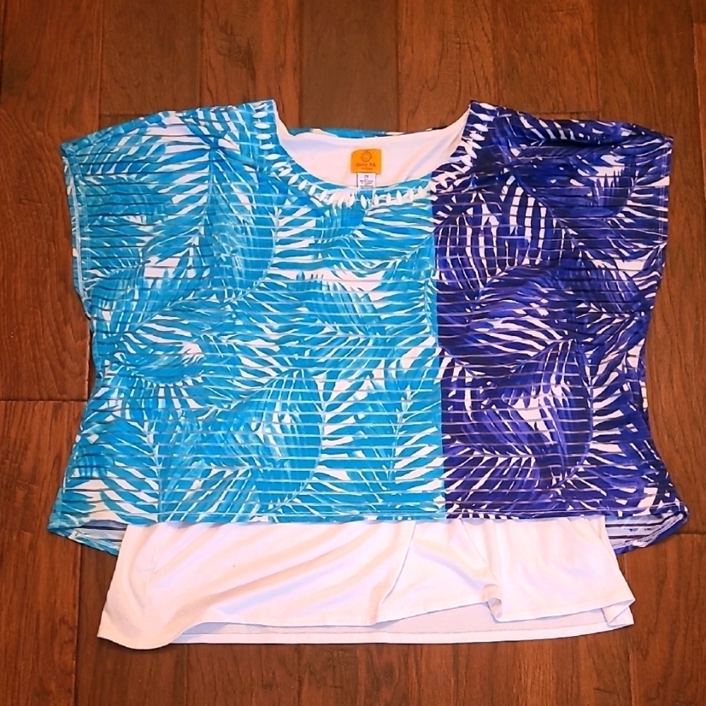 Ruby Rd layered vibrant blue and white striped tropical print shirt size 2X